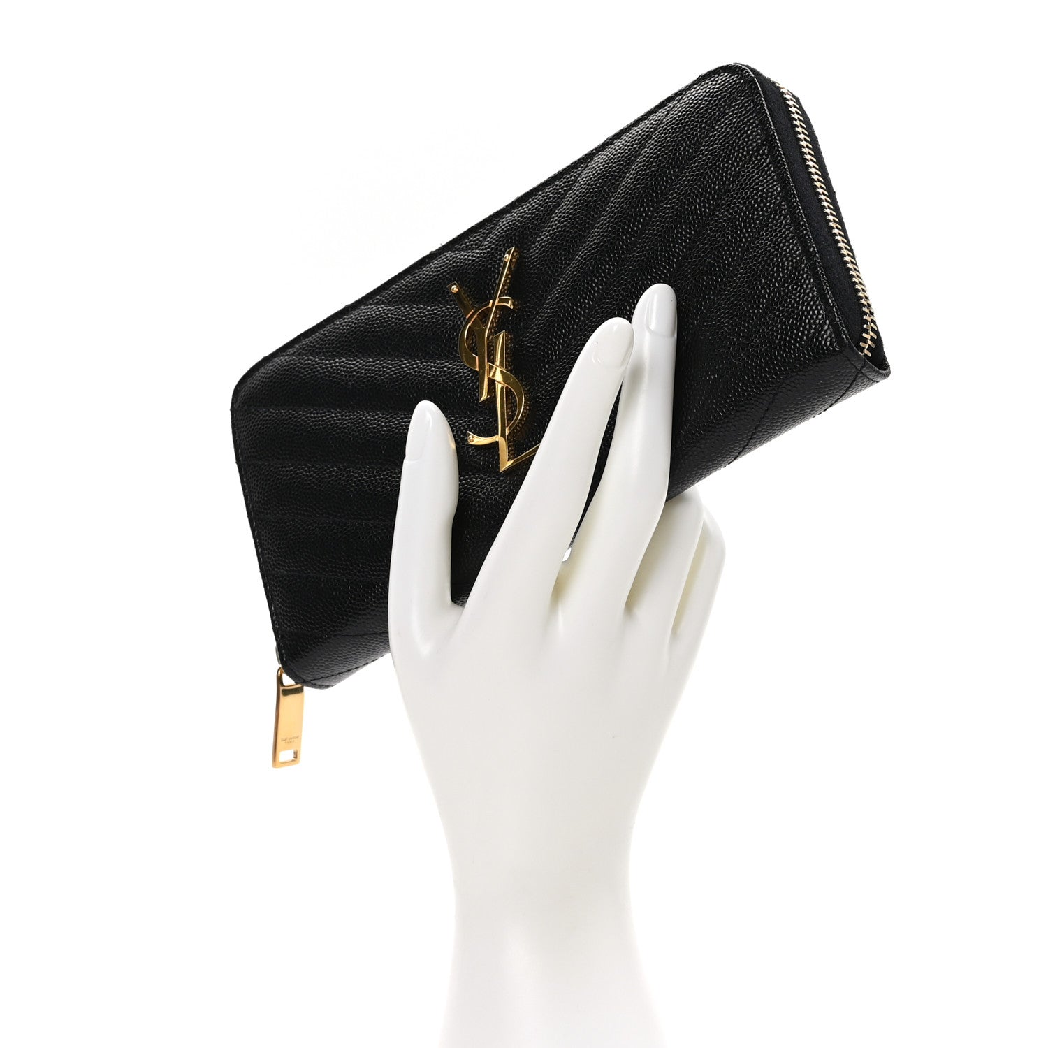 Saint Laurent Grain De Poudre Matelasse Chevron Monogram Zip Around Wallet Black 2 of 10