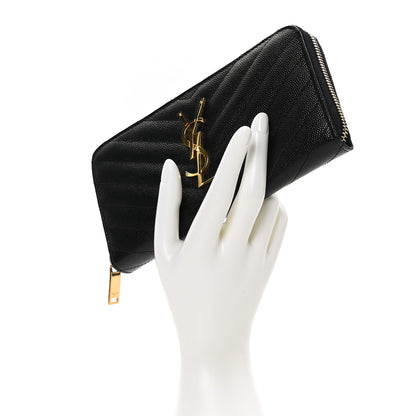 Saint Laurent Grain De Poudre Matelasse Chevron Monogram Zip Around Wallet Black 2 of 10