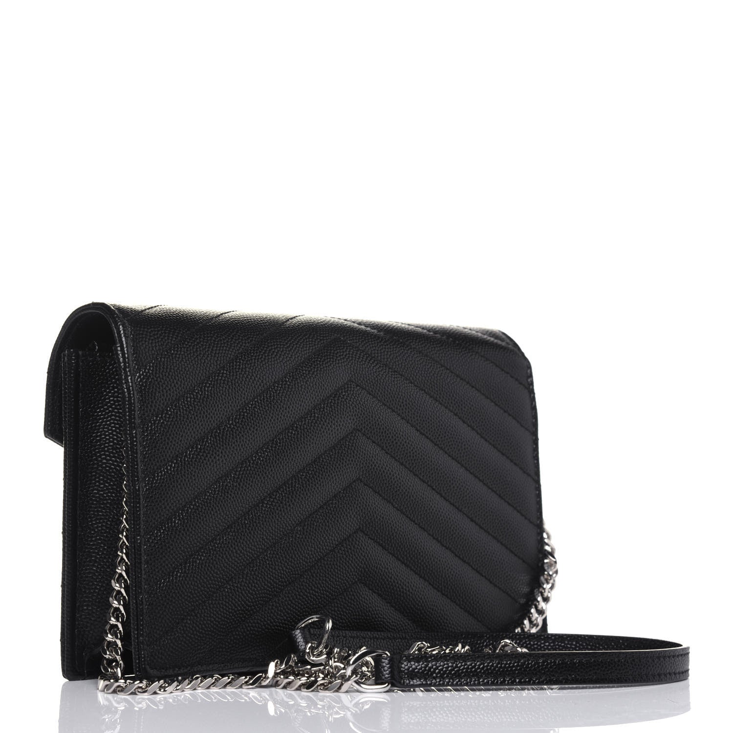 Saint Laurent Grain De Poudre Matelasse Chevron Monogram Envelope Chain Wallet Black 3 of 10
