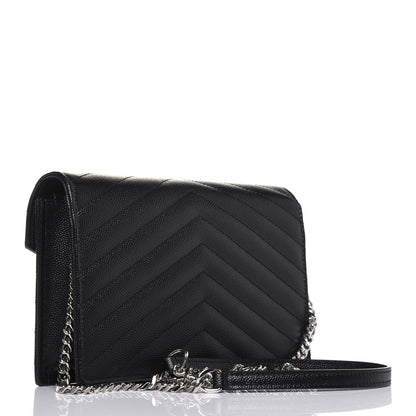 Saint Laurent Grain De Poudre Matelasse Chevron Monogram Envelope Chain Wallet Black 3 of 10