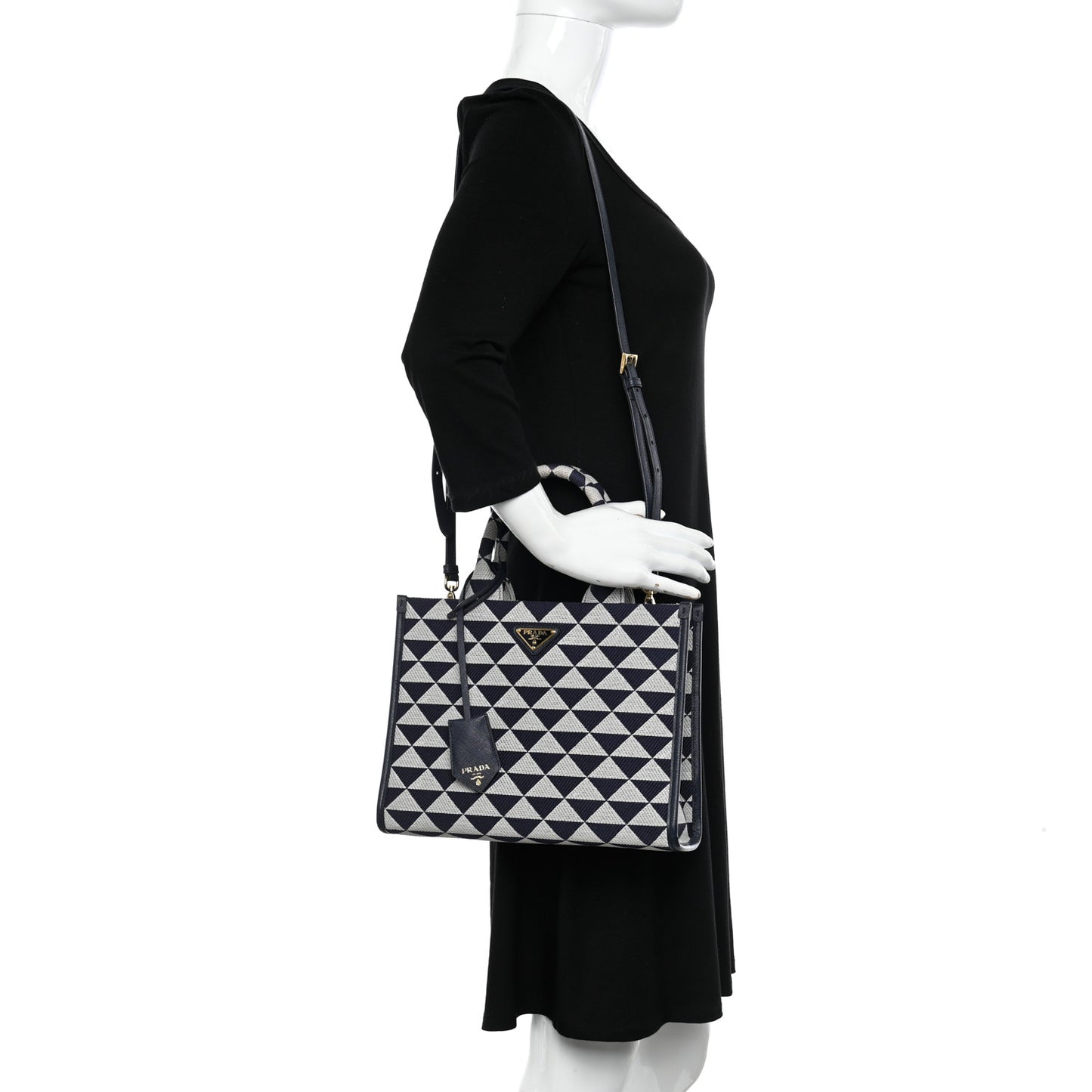Jacquard Saffiano Triangolo Symbole Embroidered Small Tote Baltico Talco
