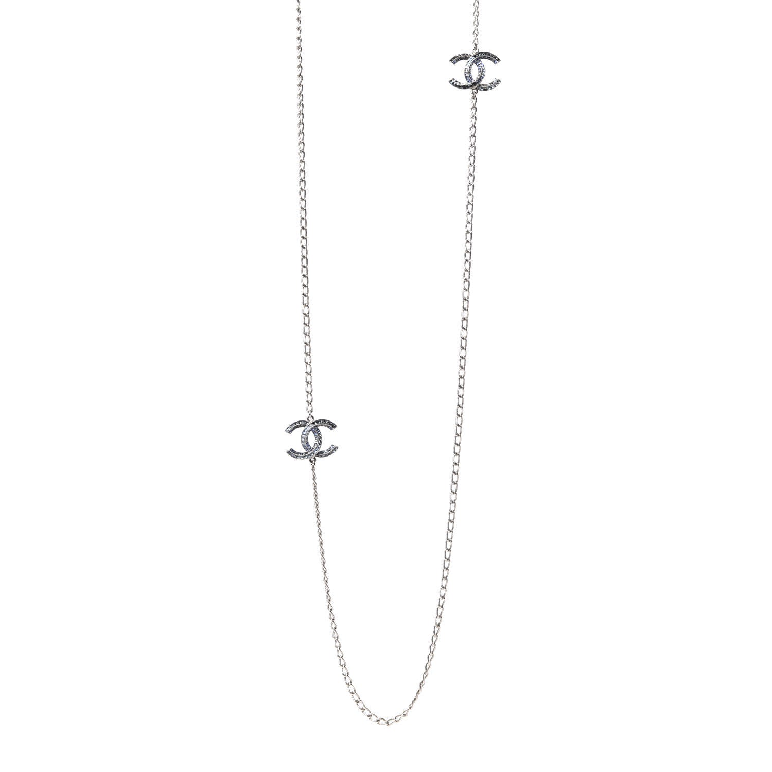 Chanel Crystal Baguette CC Double Strand Necklace Silver Blue 1 of 5