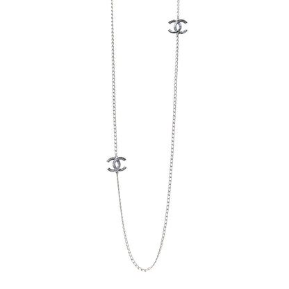 Chanel Crystal Baguette CC Double Strand Necklace Silver Blue 1 of 5