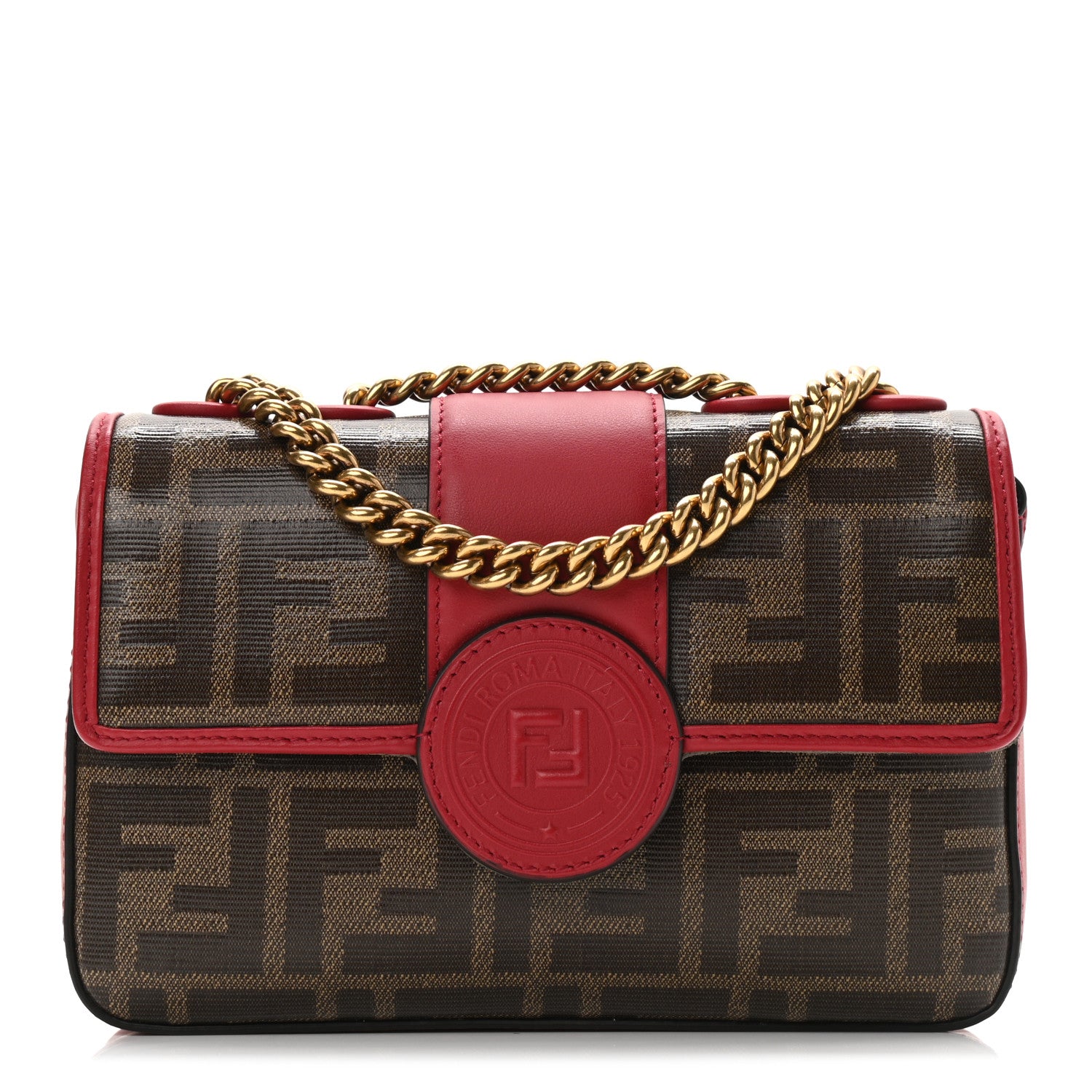 Fendi Glazed Fabric Vitello Century FF 1974 Stamp Patch Mini Double F Crossbody Bag Mogano Panna Fragola 1 of 9