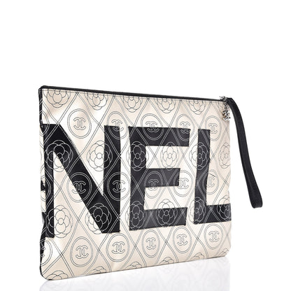 Chanel Coated Canvas Calfskin Camellia Printed Pouch Black Beige 3 of 9
