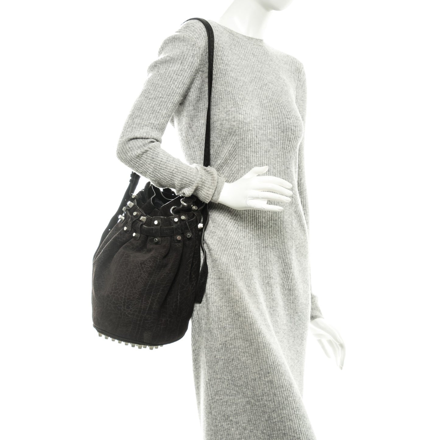 Suede Diego Bucket Bag Dark Brown Nickel Hardware