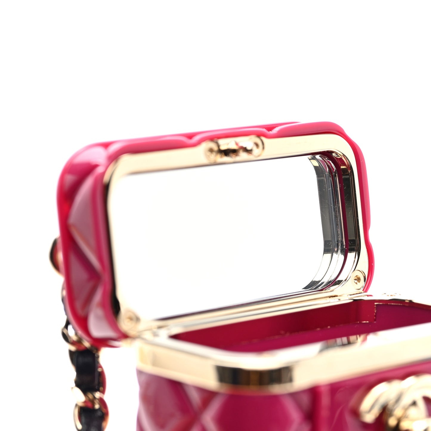 Metal Lambskin Resin Quilted CC Mini Vanity Necklace Gold Black Fuchsia