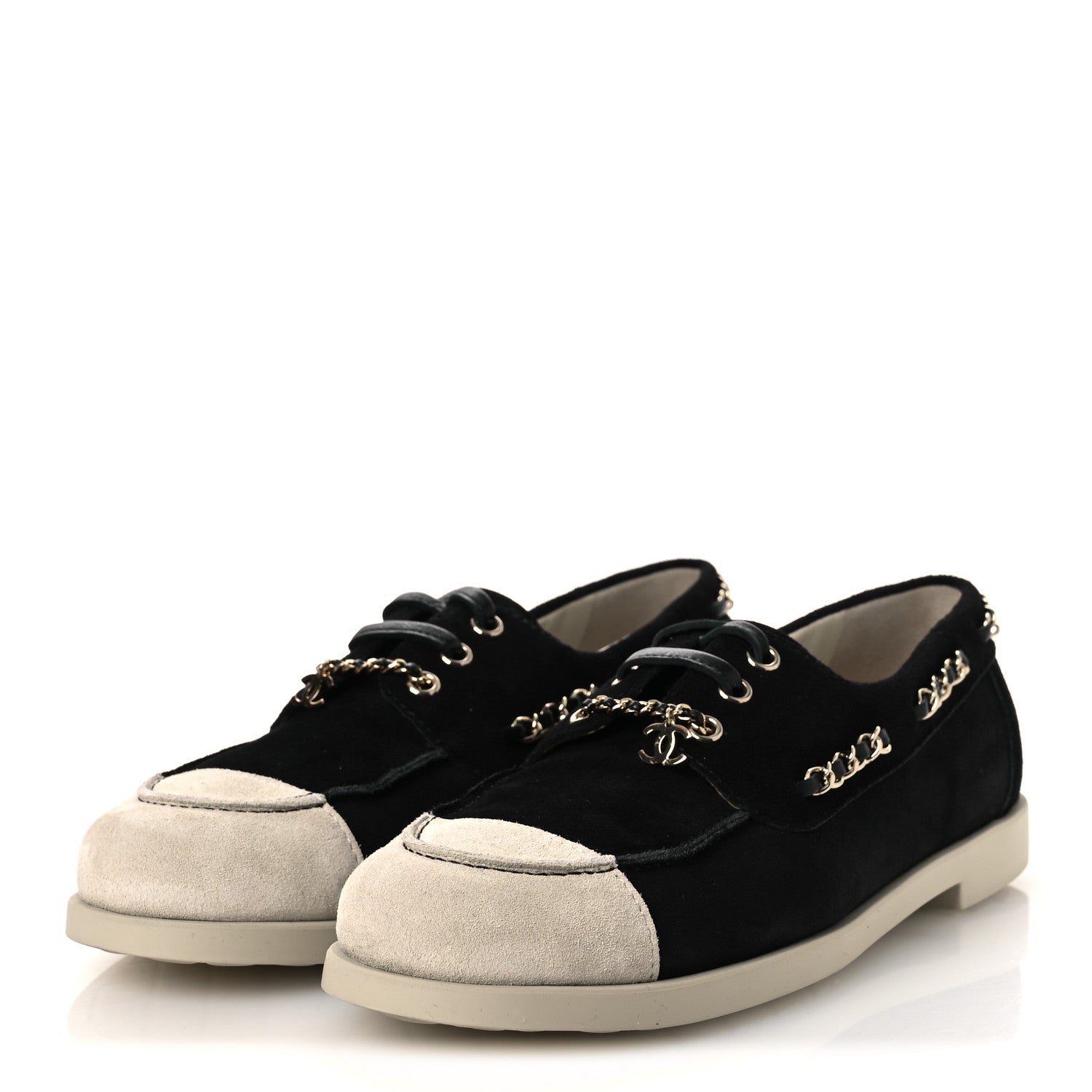 Chanel Suede Calfskin CC Chain Loafers 38.5 Black Light Gray 4 of 11