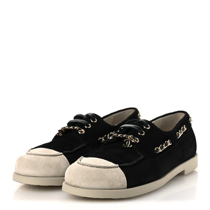 Chanel Suede Calfskin CC Chain Loafers 38.5 Black Light Gray 4 of 11