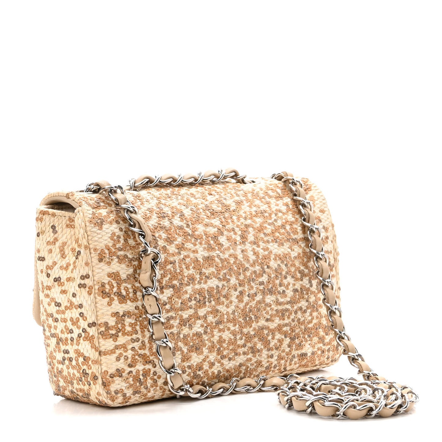 Raffia Sequin Small Single Flap Beige Gold