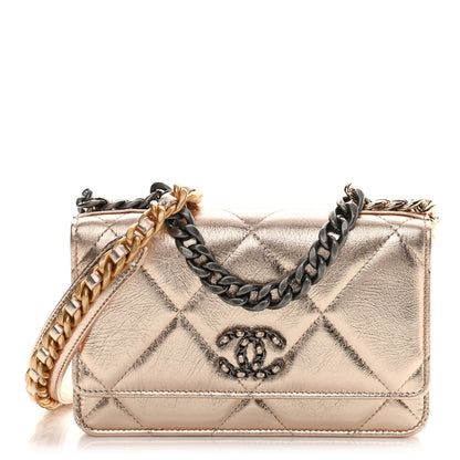 Chanel Metallic Goatskin Quilted Chanel 19 Wallet On Chain WOC Gold 1 of 12