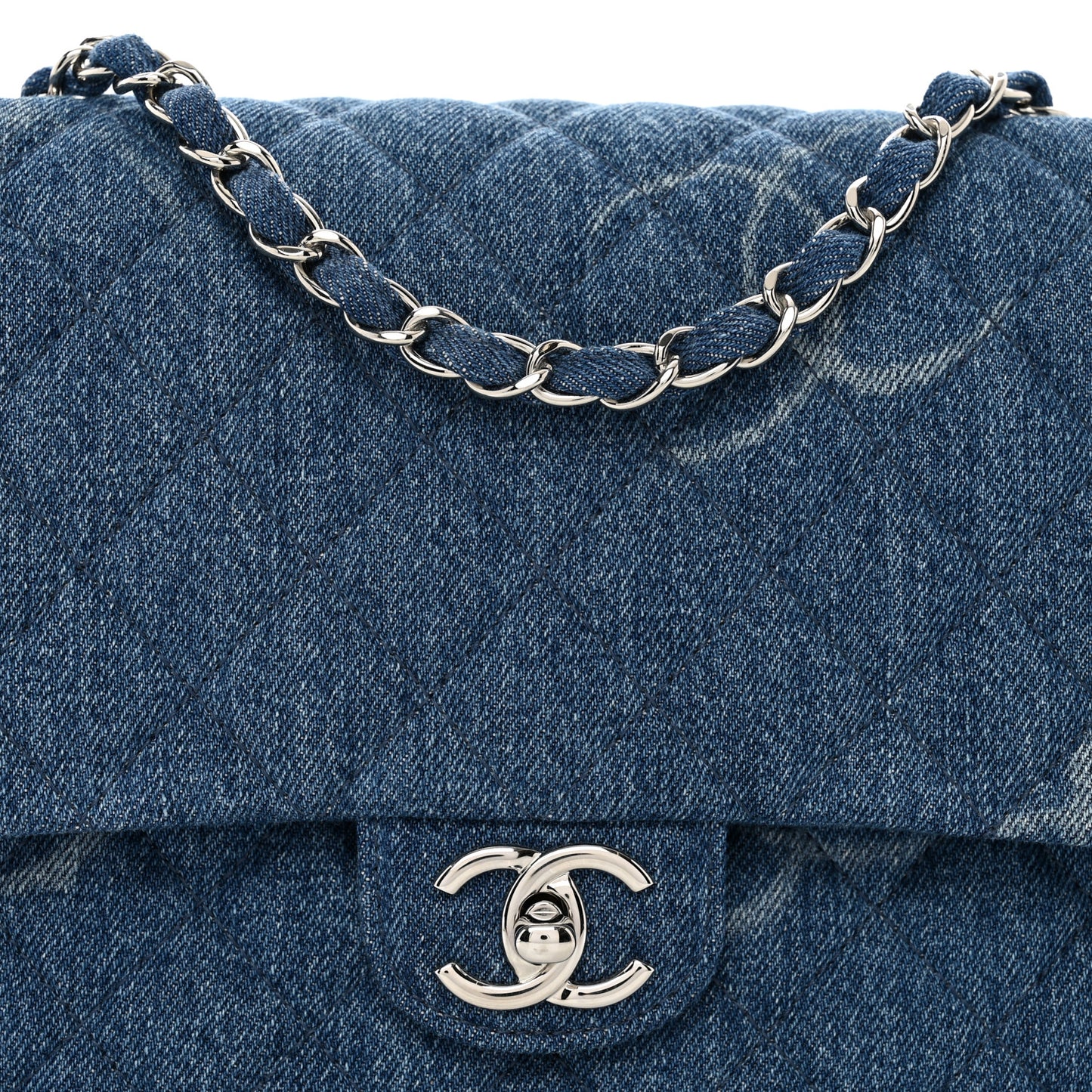 Denim Quilted CC Print Jumbo Single Flap Blue