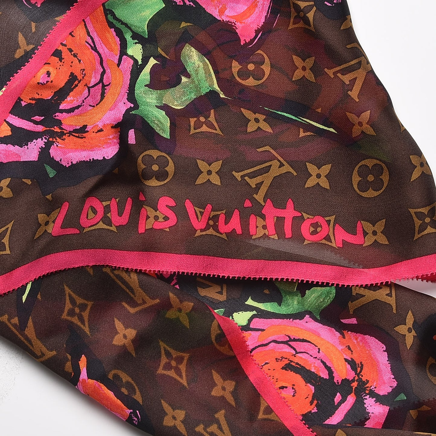 Silk Monogram Roses Scarf Marron