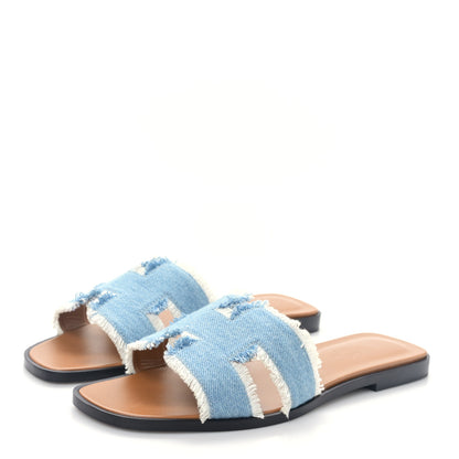 Hermes Denim Oran Fringe Sandals 38 Bleu Clair 3 of 9