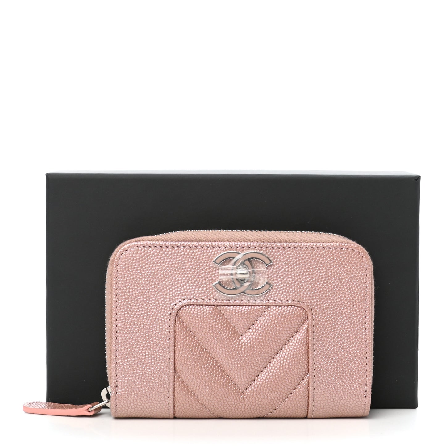 Metallic Caviar Chevron Quilted Vintage Mademoiselle Zip Coin Purse Pink