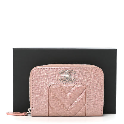 Chanel Metallic Caviar Chevron Quilted Vintage Mademoiselle Zip Coin Purse Pink 8 of 8