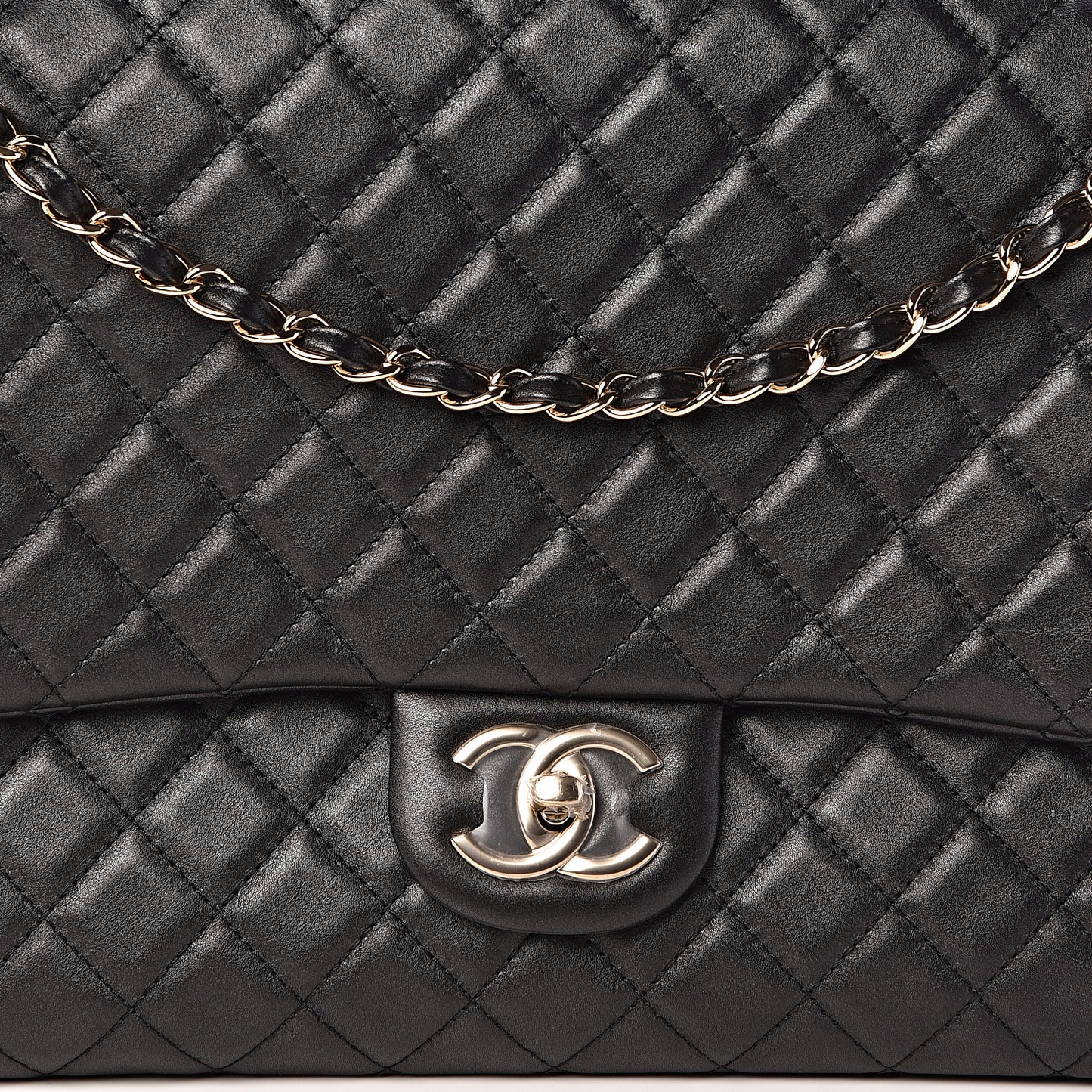 Metallized Calfskin Quilted XXL Travel Flap Bag Black