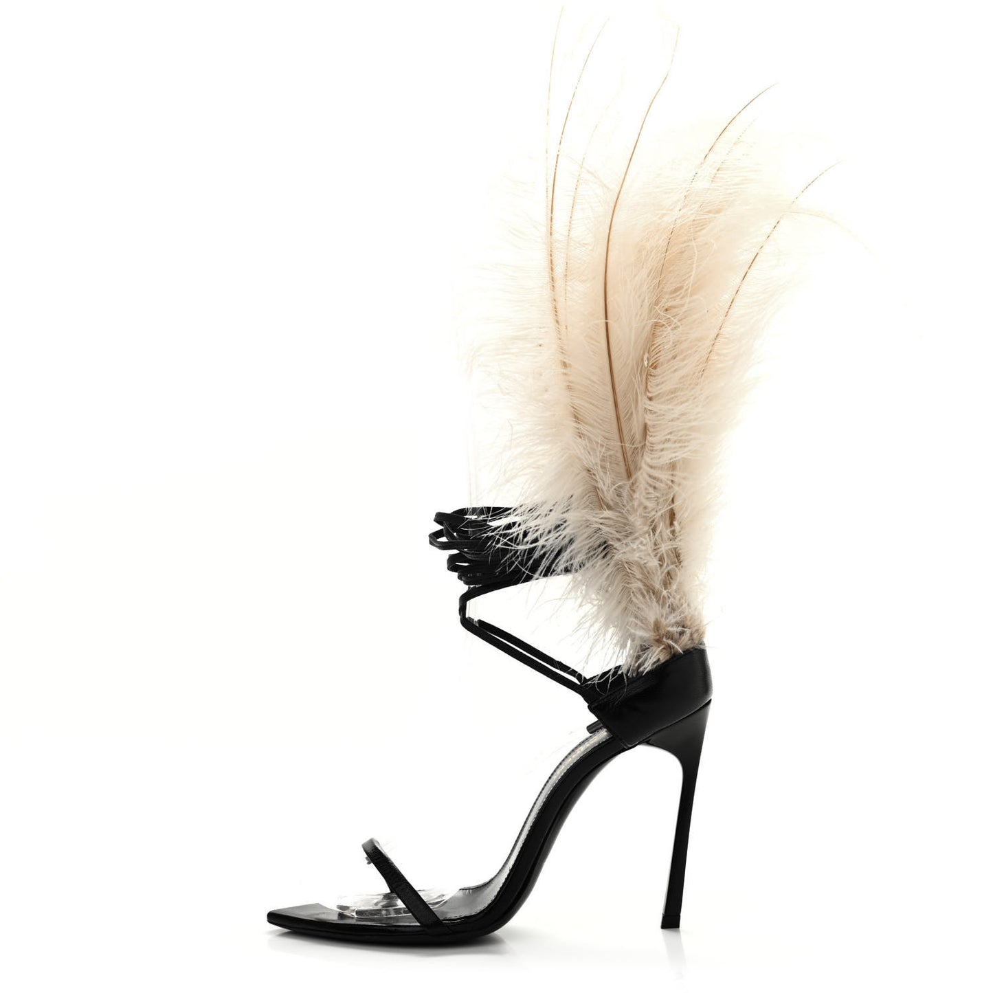 Feather Embellished Calfskin Talitha Ankle-Wrap Sandals 36 Black White