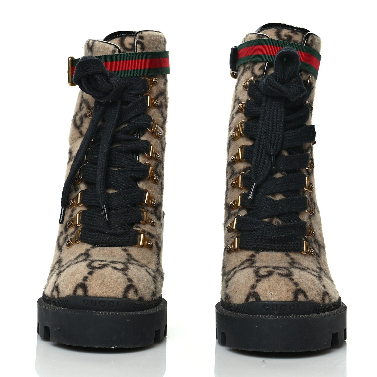 Covered Wool GG Monogram Womens Lace Up Combat Ankle Boots 37.5 Beige Ebony Black
