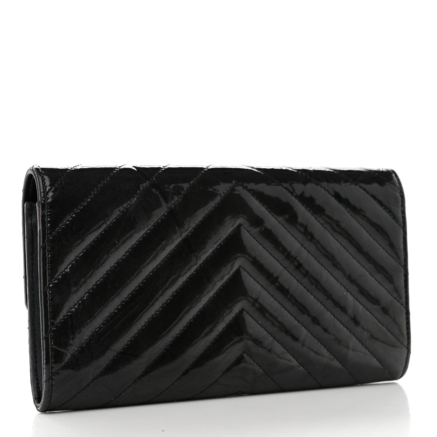 Chanel Patent Metallic Crumpled Calfskin Chevron Quilted Large Gusset Flap Wallet So Black 3 of 8