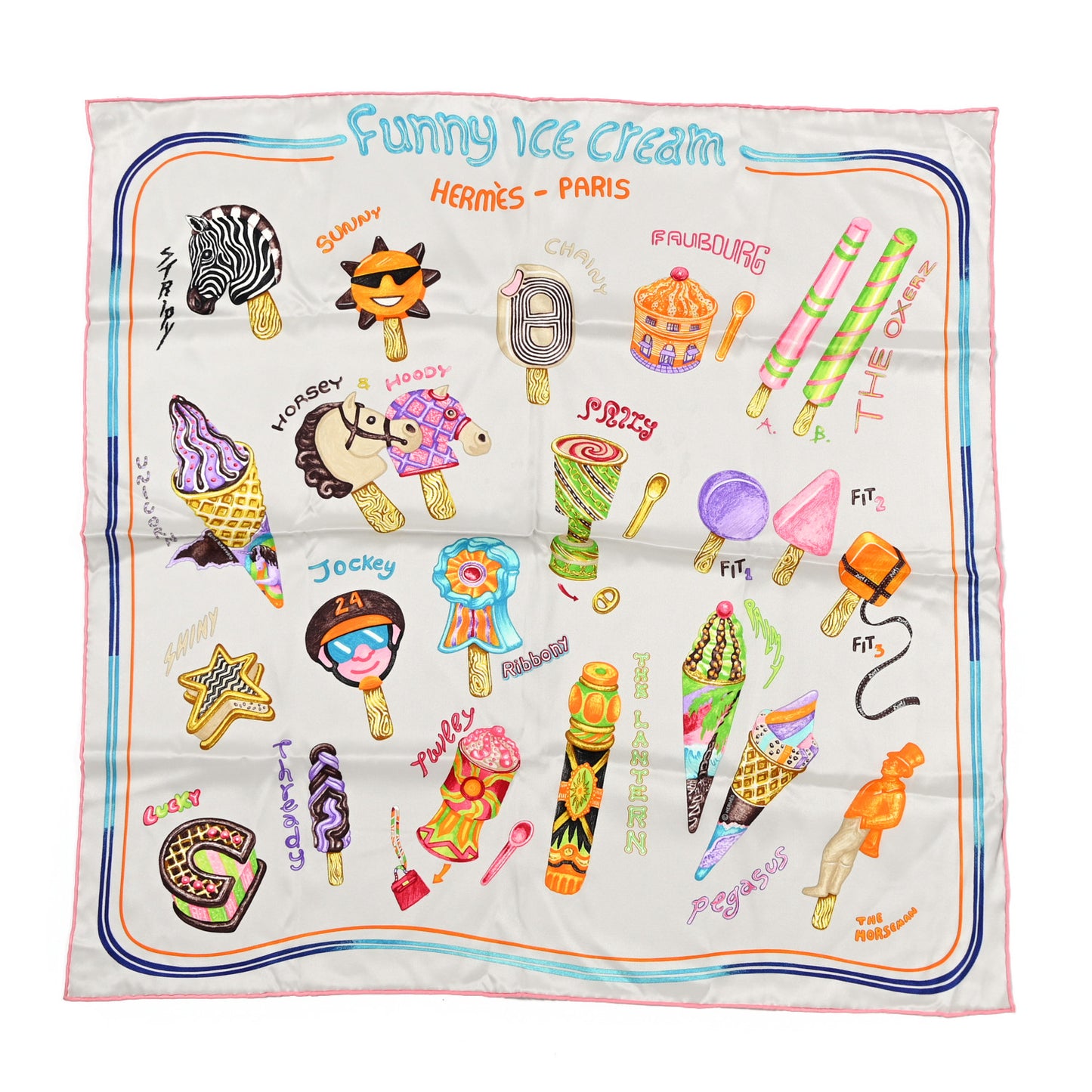 Silk Funny Ice Cream Scarf 70 Gris Perle Rose Multicolor