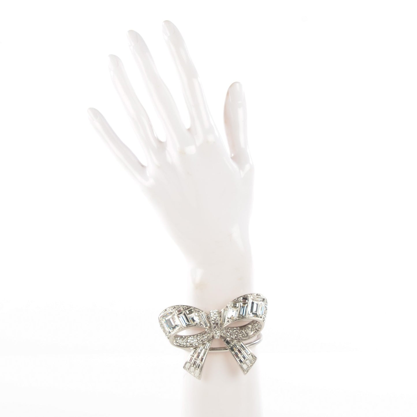 Crystal Baguette CC Bow Cuff Silver
