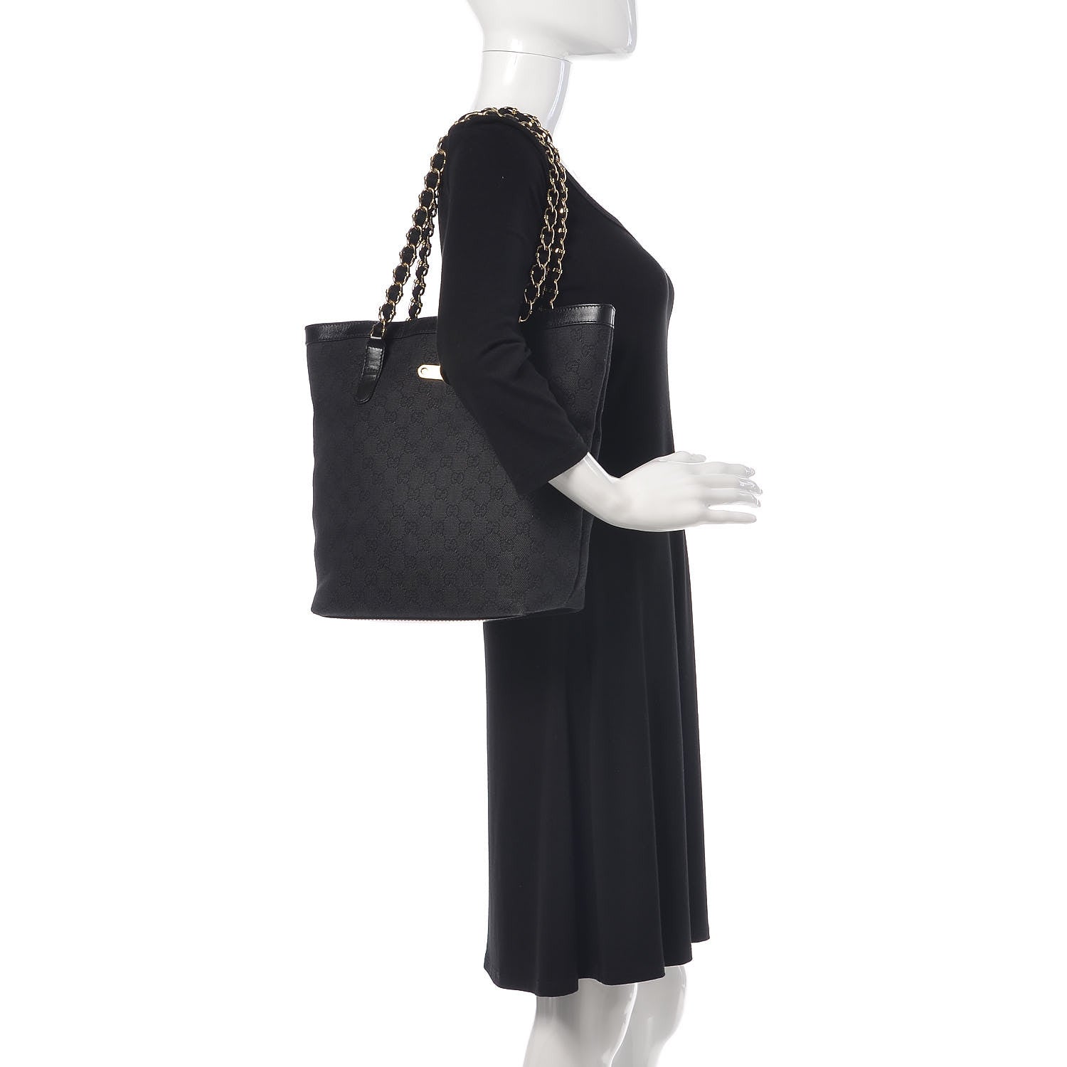 Gucci Denim Monogram Chain Bucket Tote Black 2 of 16