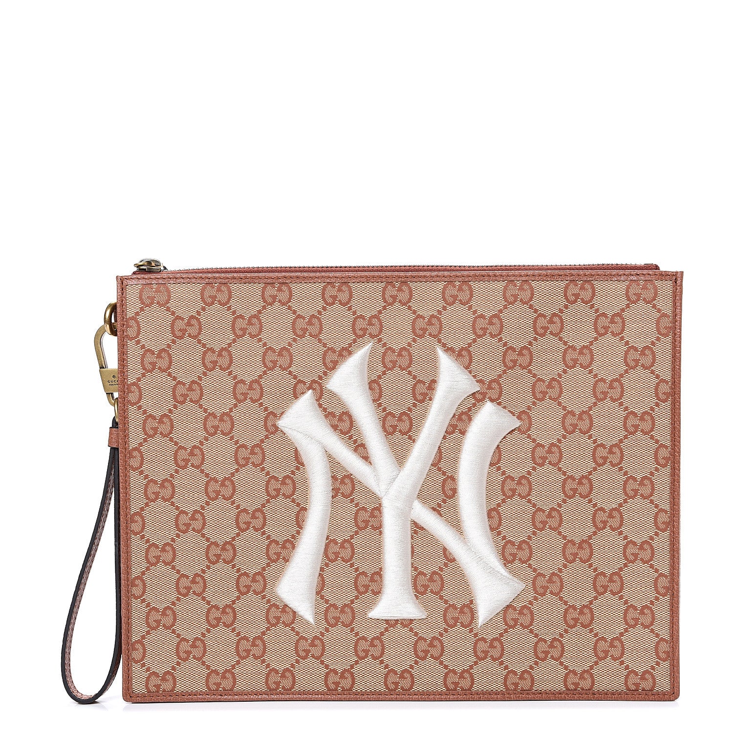 Gucci X MLB GG Monogram NY Yankees Zip Wristlet Pouch Beige Ruggine Ivory 1 of 8