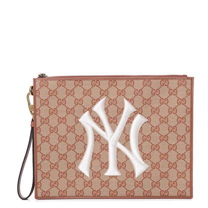 Gucci X MLB GG Monogram NY Yankees Zip Wristlet Pouch Beige Ruggine Ivory 1 of 8