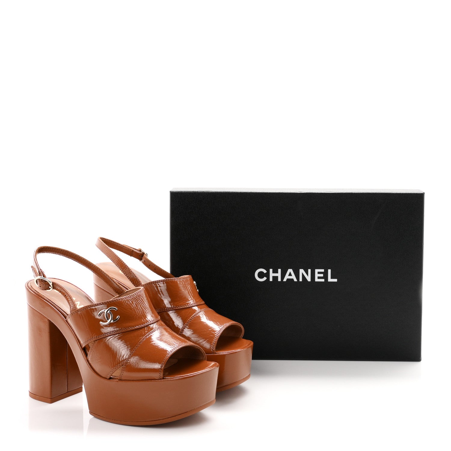 Chanel Crumpled Patent Lambskin Platform Sandals 36.5 Light Brown 10 of 10