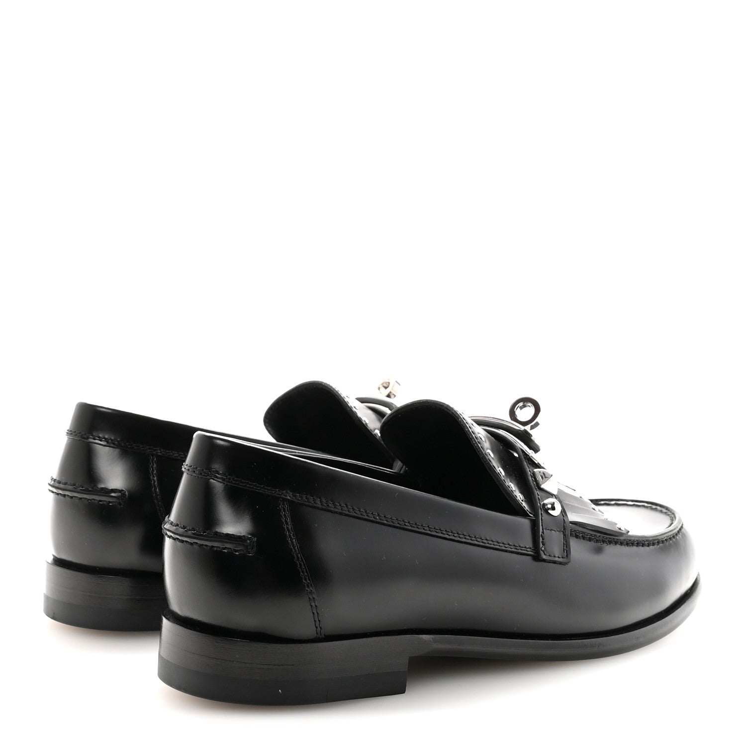 Hermes Glazed Calfskin Medor Studded Fringe Womens Destin Loafer 35 Black 5 of 10