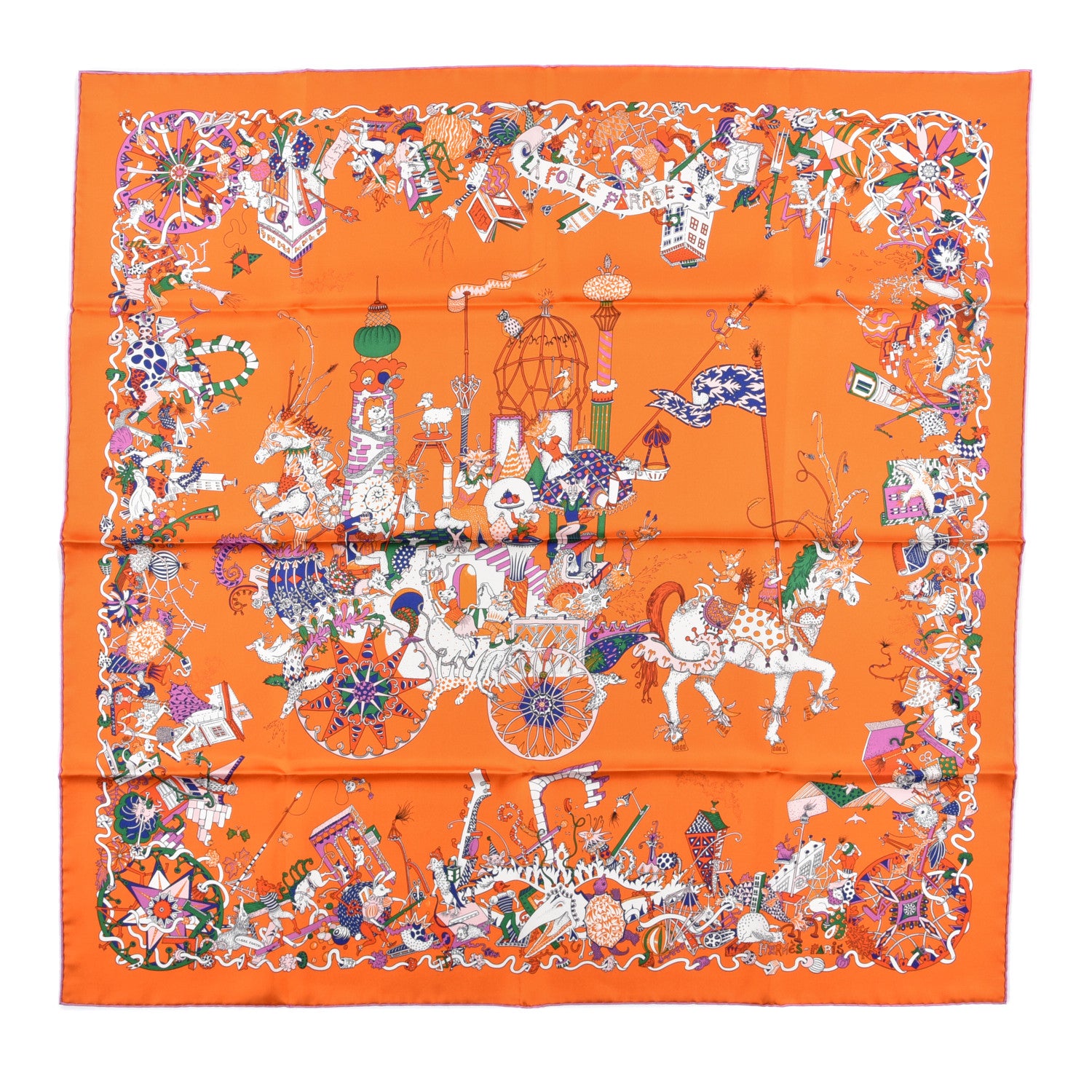 Hermes Silk La Folle Parade Scarf 90 Orange White Mauve 1 of 4
