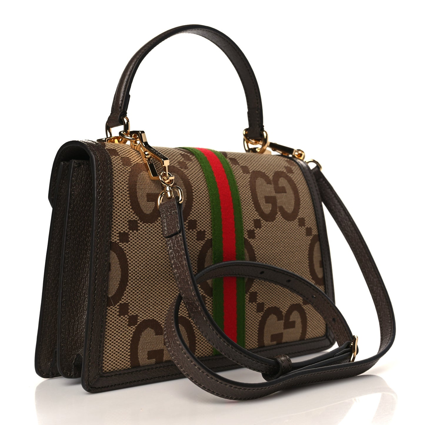 Monogram Jumbo GG Textured Dollar Calfskin Web Small Ophidia Padlock Top Handle Bag Camel Ebony New Acero