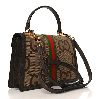 Gucci Monogram Jumbo GG Textured Dollar Calfskin Web Small Ophidia Padlock Top Handle Bag Camel Ebony New Acero 3 of 8