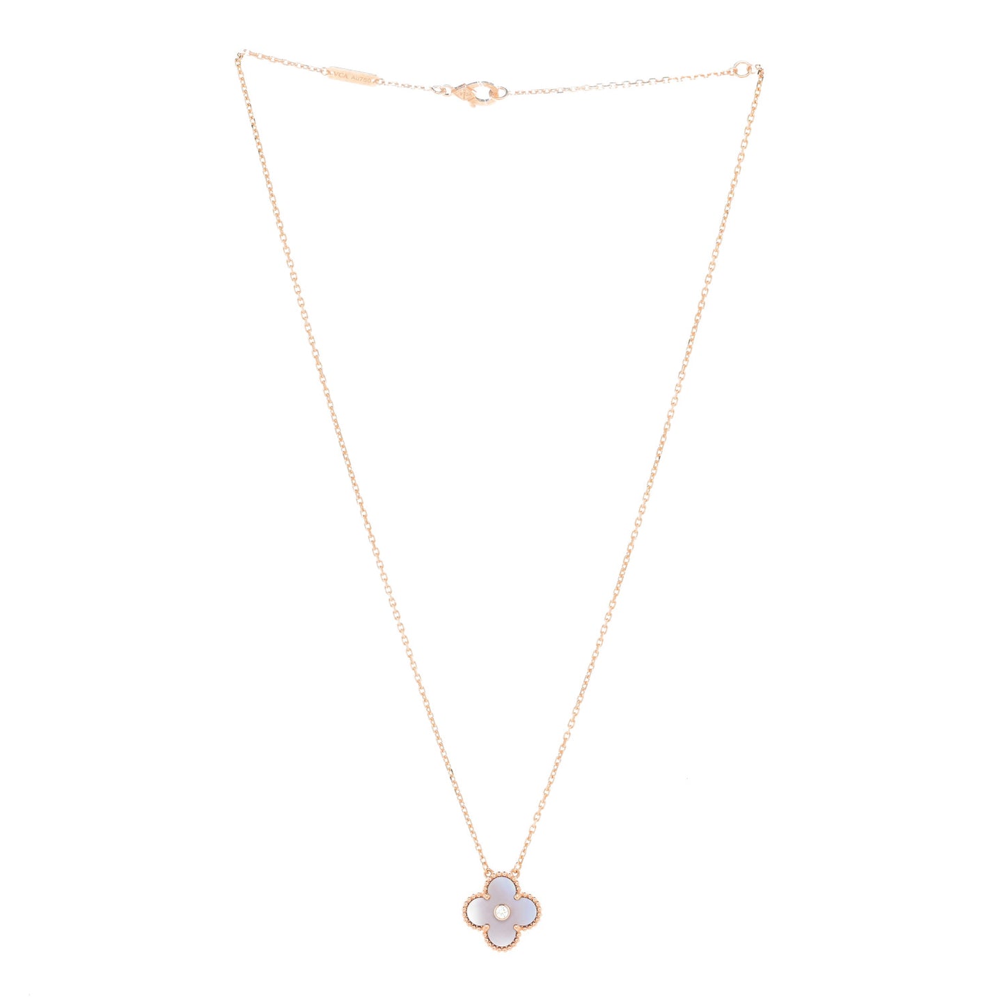 18K Rose Gold Diamond Pink Mother of Pearl Vintage Alhambra Pendant Necklace