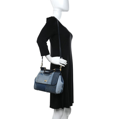 Dolce & Gabbana Calfskin Denim Patchwork Medium Miss Sicily Satchel Blue 2 of 10
