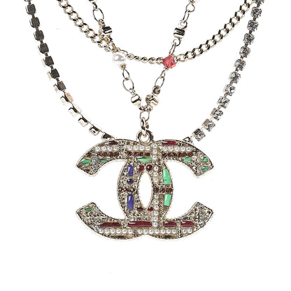 Chanel Crystal Pearl Tweed Effect Multi Strand CC Short Necklace Gold Red Green 4 of 5