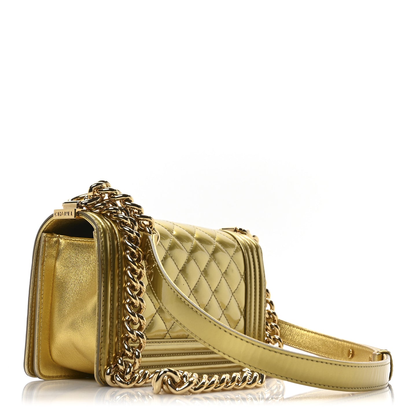 Metallic Patent Calfskin Quilted Small Boy Flap Gold