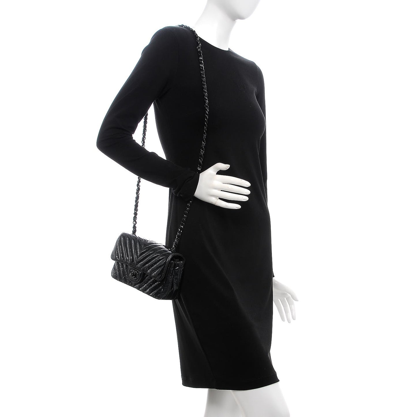 Patent Metallic Crumpled Calfskin Chevron Quilted Mini Rectangular Flap So Black