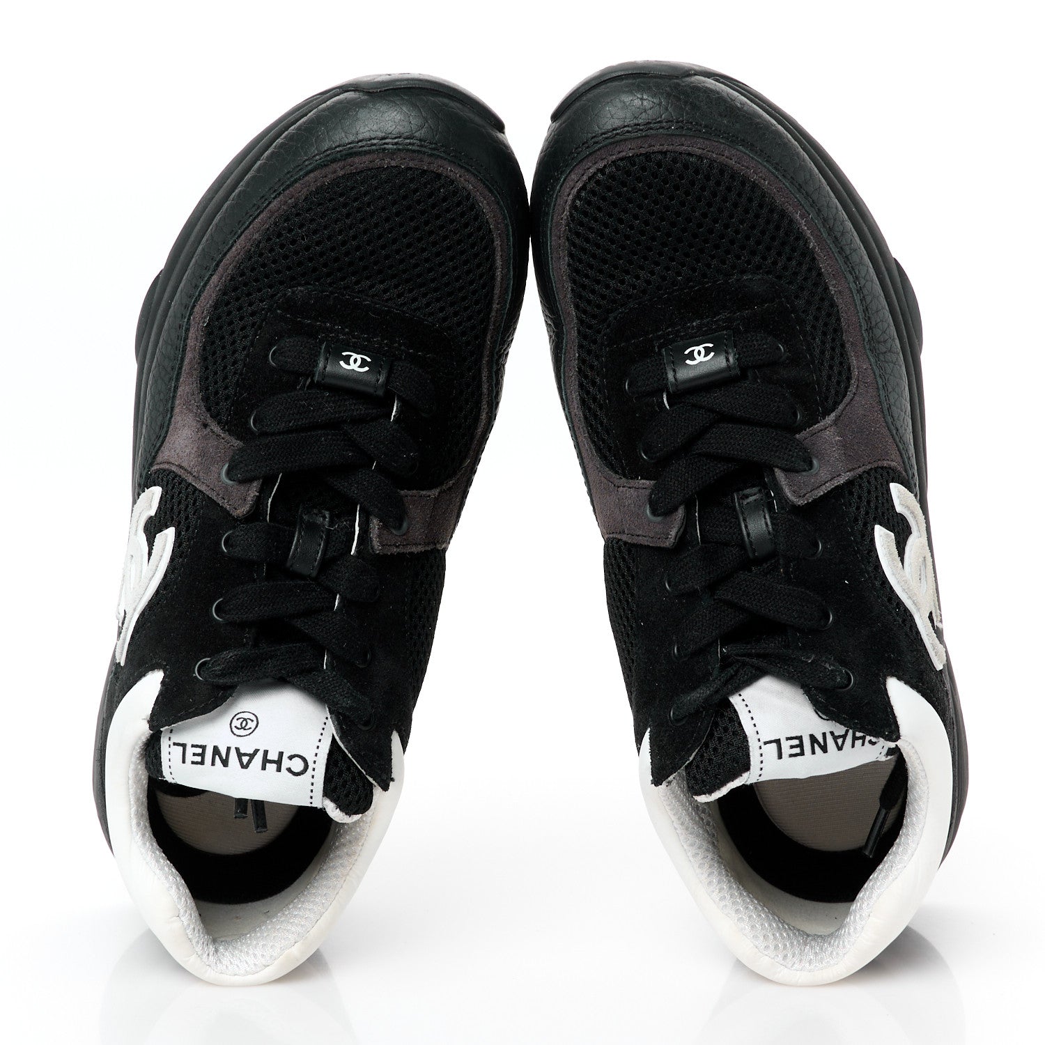 Chanel Mesh Suede Grained Calfskin Womens CC Sneakers 37.5 Black White 2 of 10