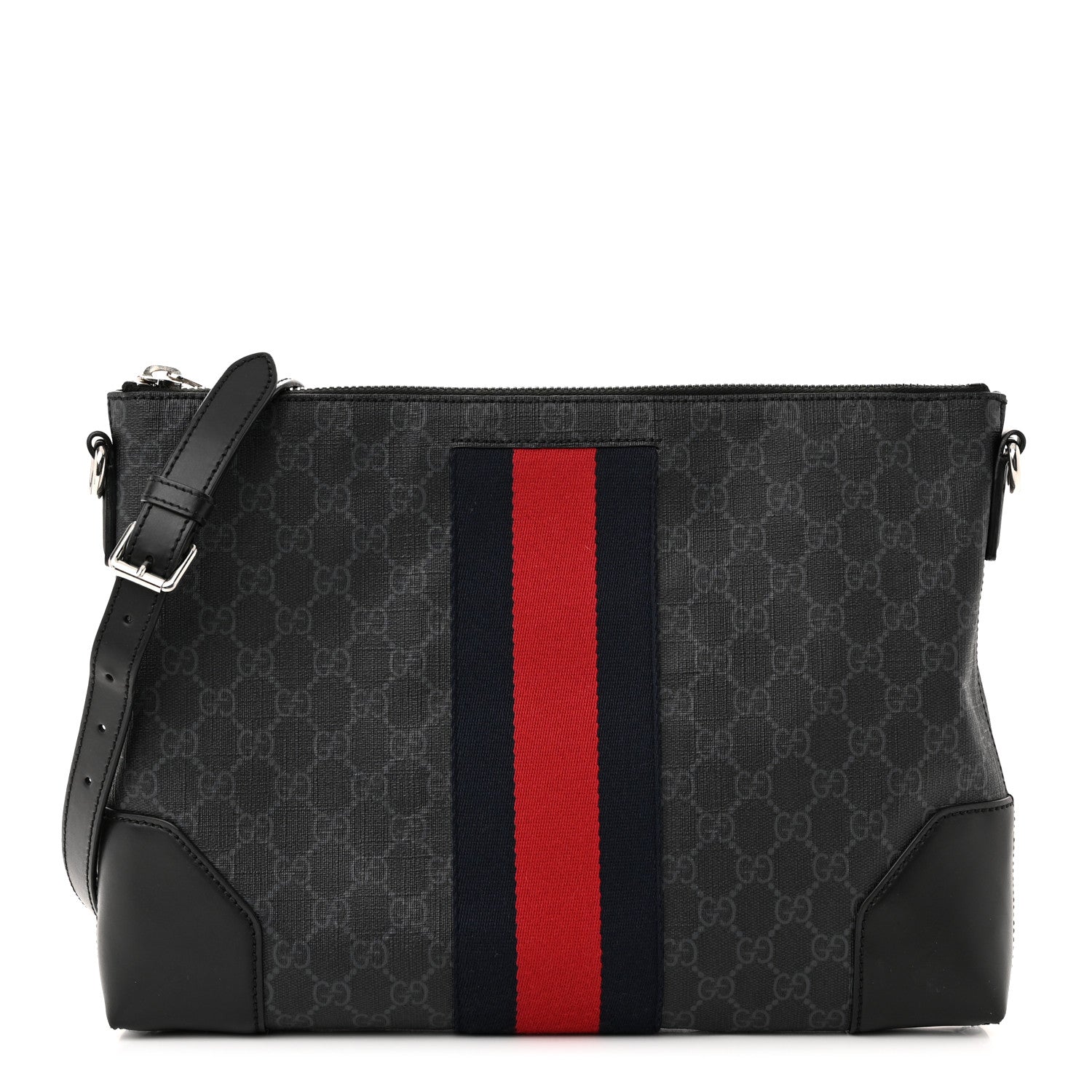 Gucci Soft GG Supreme Monogram Appia Calfskin Web East West Messenger Bag Black Grey 1 of 11