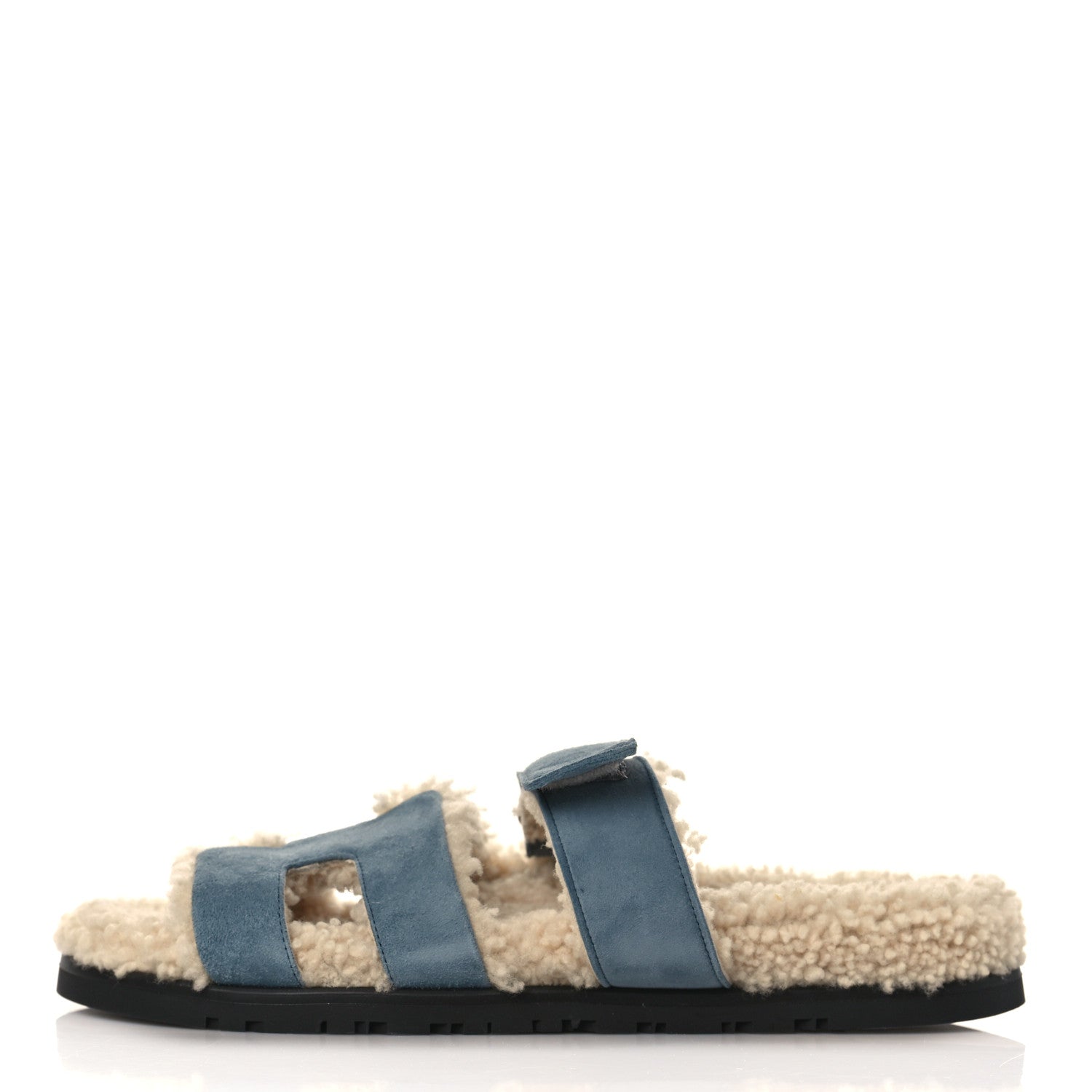 Hermes Suede Goatskin Woolskin Womens Chypre Sandals 38.5 Bleu Pinede Ecru 1 of 8