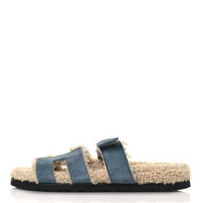 Hermes Suede Goatskin Woolskin Womens Chypre Sandals 38.5 Bleu Pinede Ecru 1 of 8