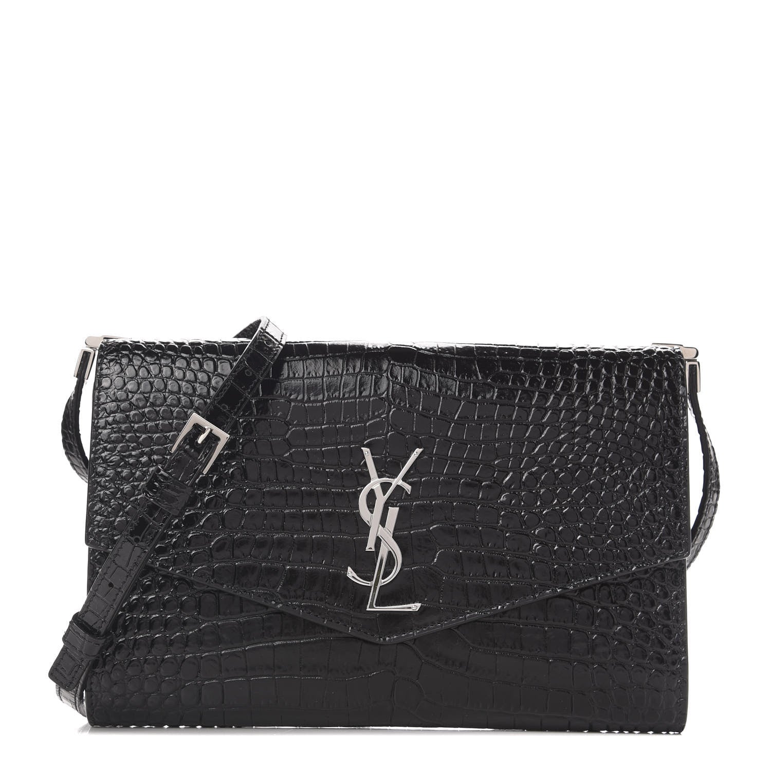 Saint Laurent Calfskin Crocodile Embossed Monogram Uptown Crossbody Black 1 of 10