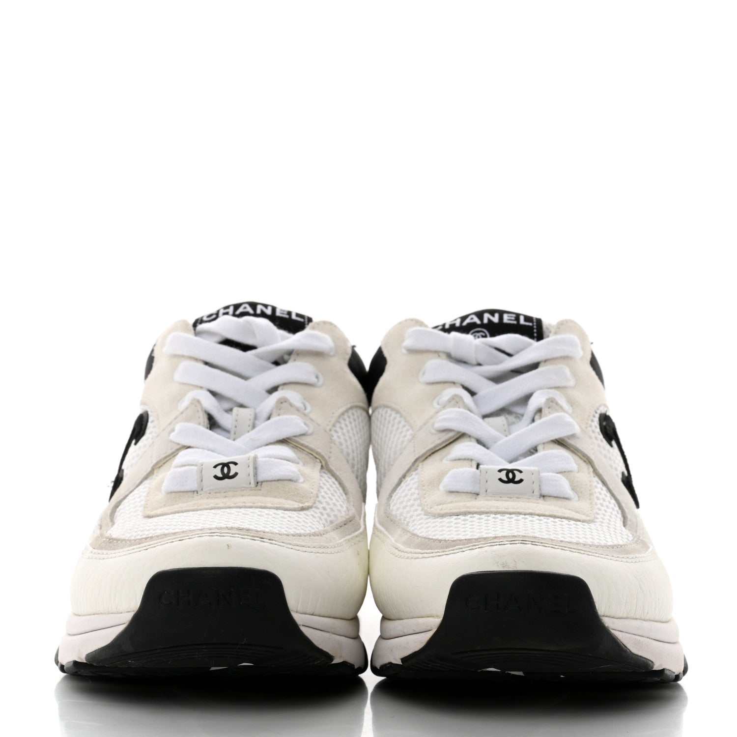 Chanel Mesh Suede Calfskin Grained Calfskin Womens CC Sneakers 37.5 White Black 2 of 8