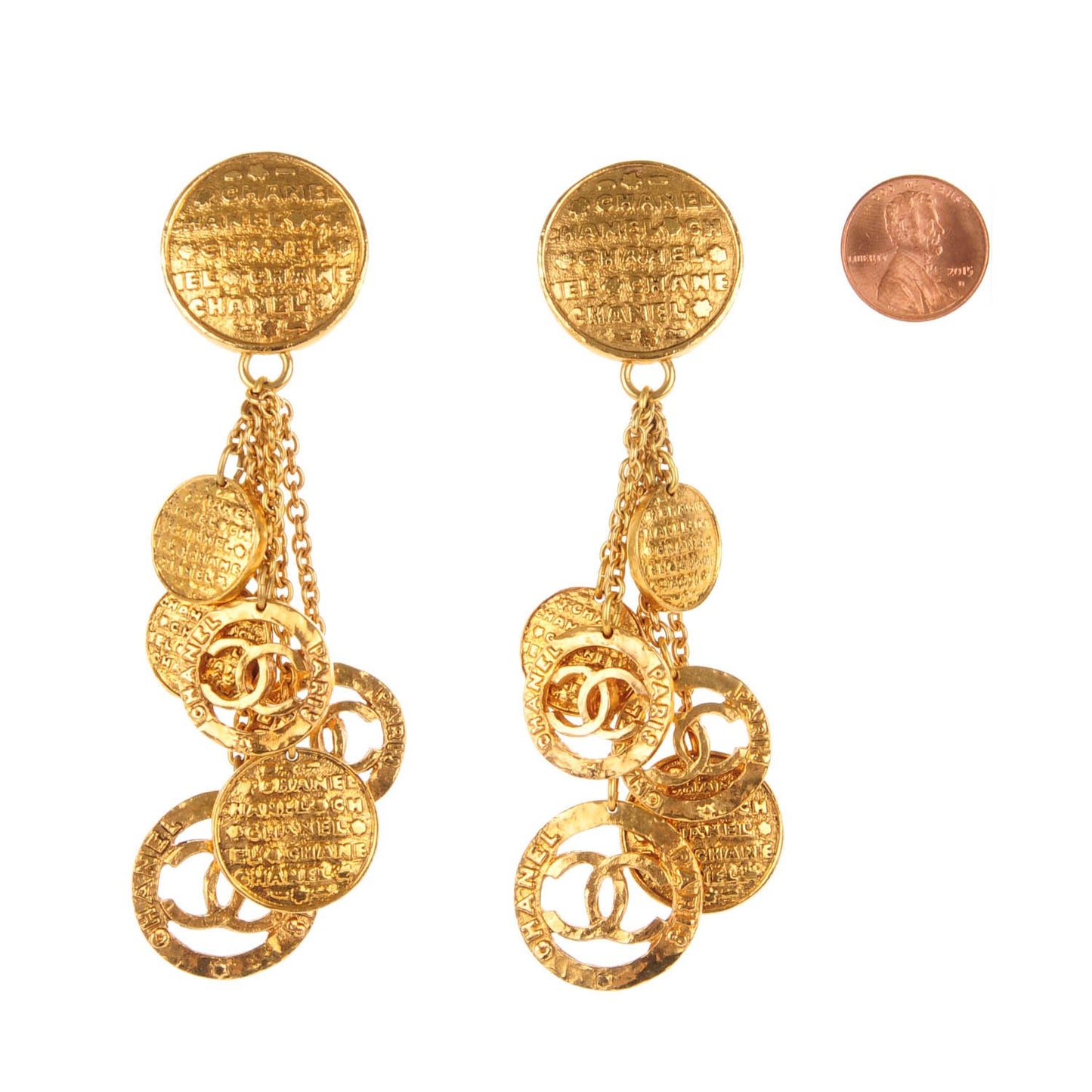 Hammered Medallion CC Dangle Earrings Gold