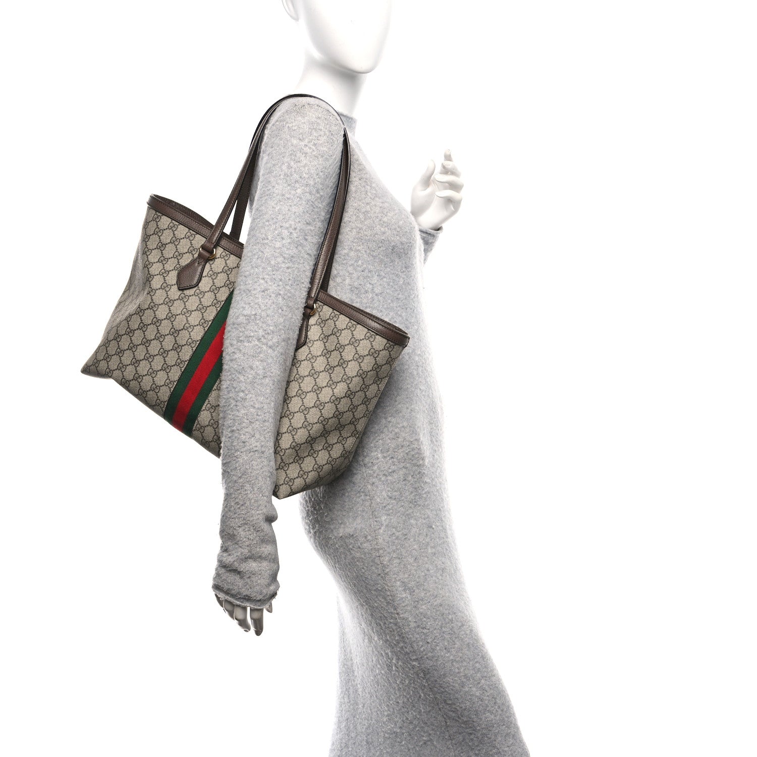 Gucci GG Supreme Monogram Textured Calfskin Web Medium Ophidia Shopping Tote Beige Ebony New Acero 2 of 12