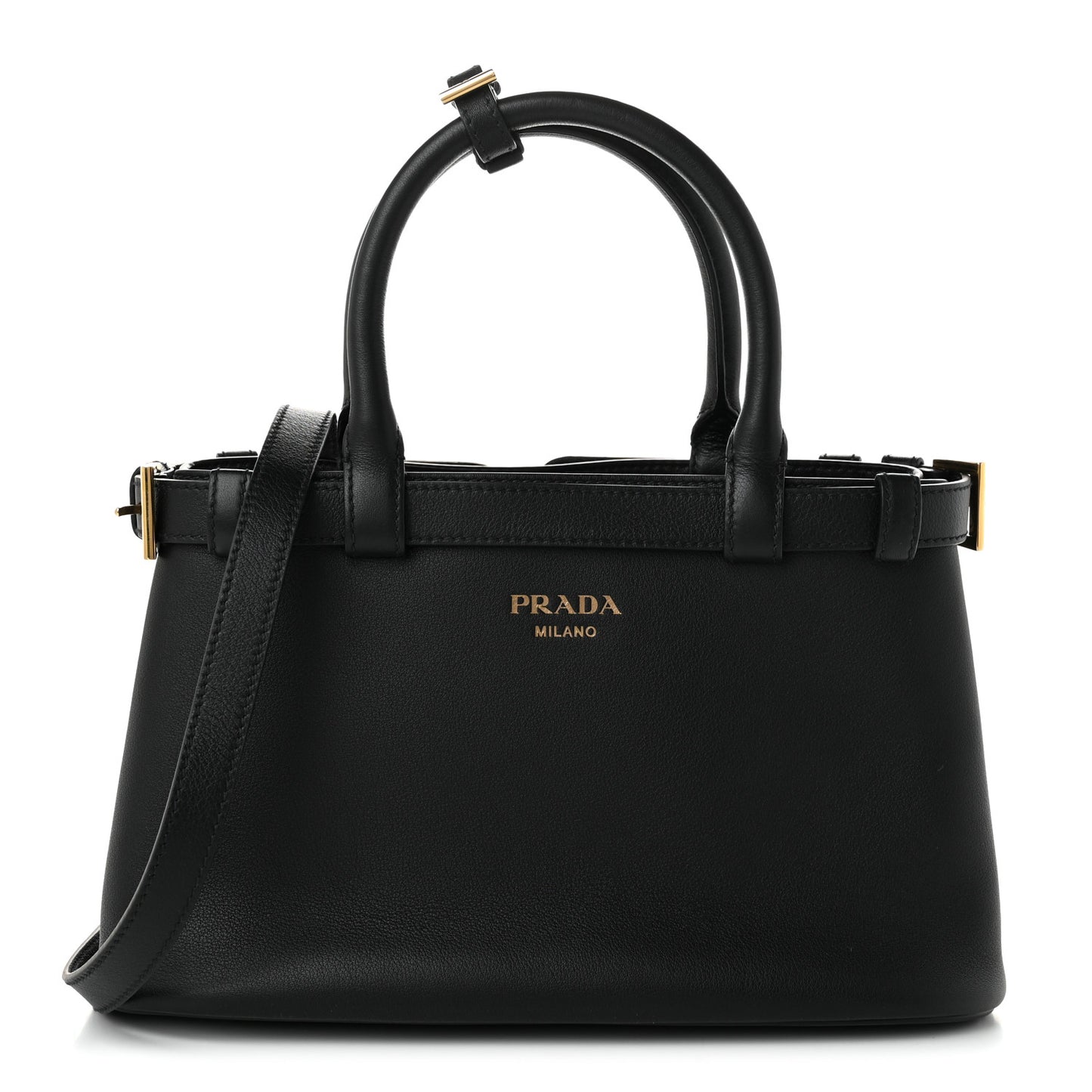 Soft Grain Calfskin Small Double Belt Tote Black