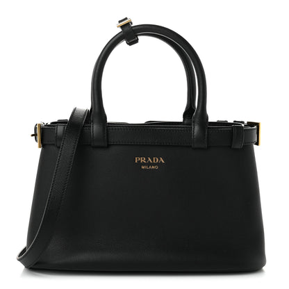 Prada Soft Grain Calfskin Small Double Belt Tote Black 1 of 9