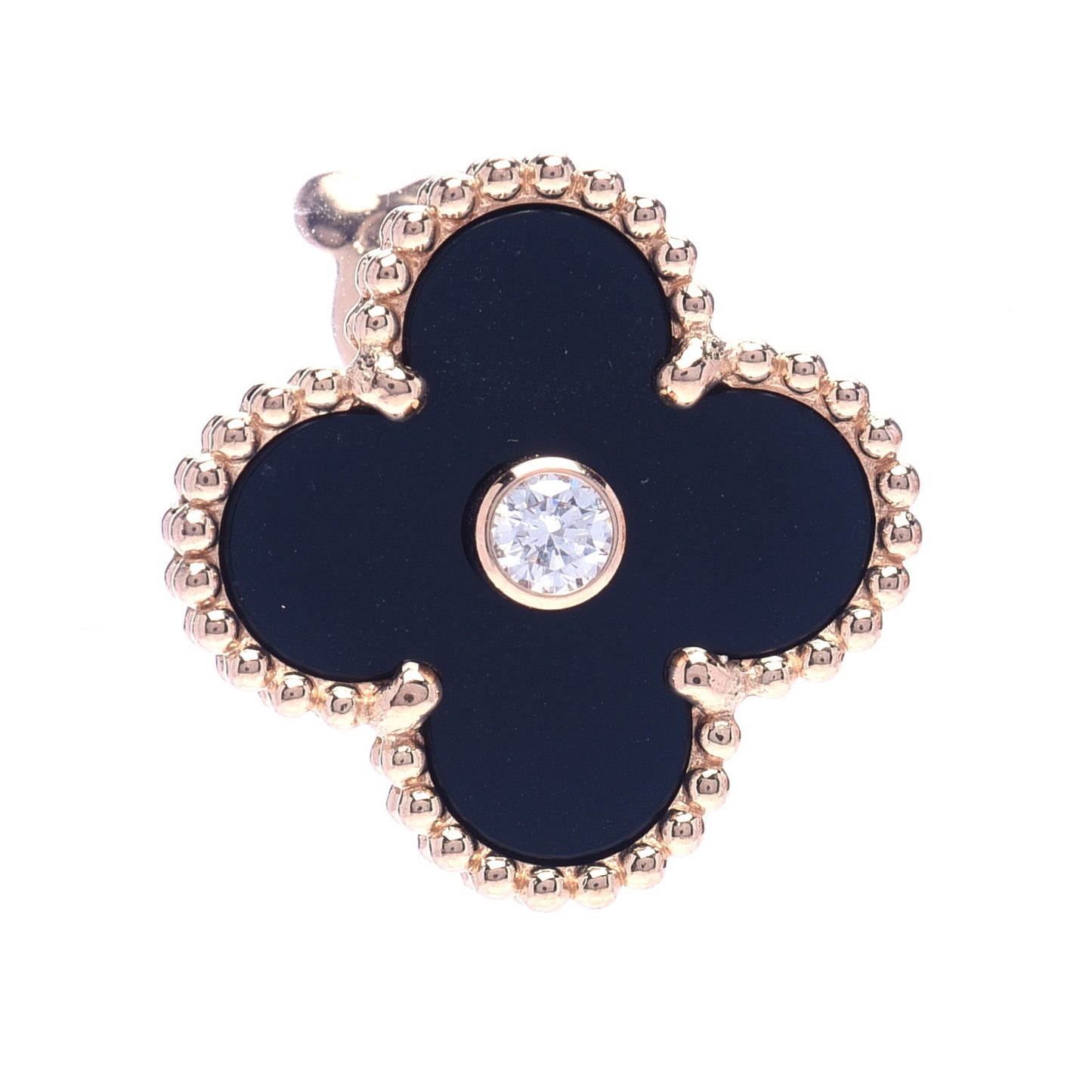 18K Rose Gold Diamond Black Onyx Vintage Alhambra Earrings